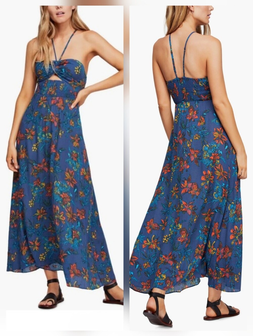 Free People One Step Ahead Floral Halter Cut Out Smocked Maxi Dress Blue Size S
